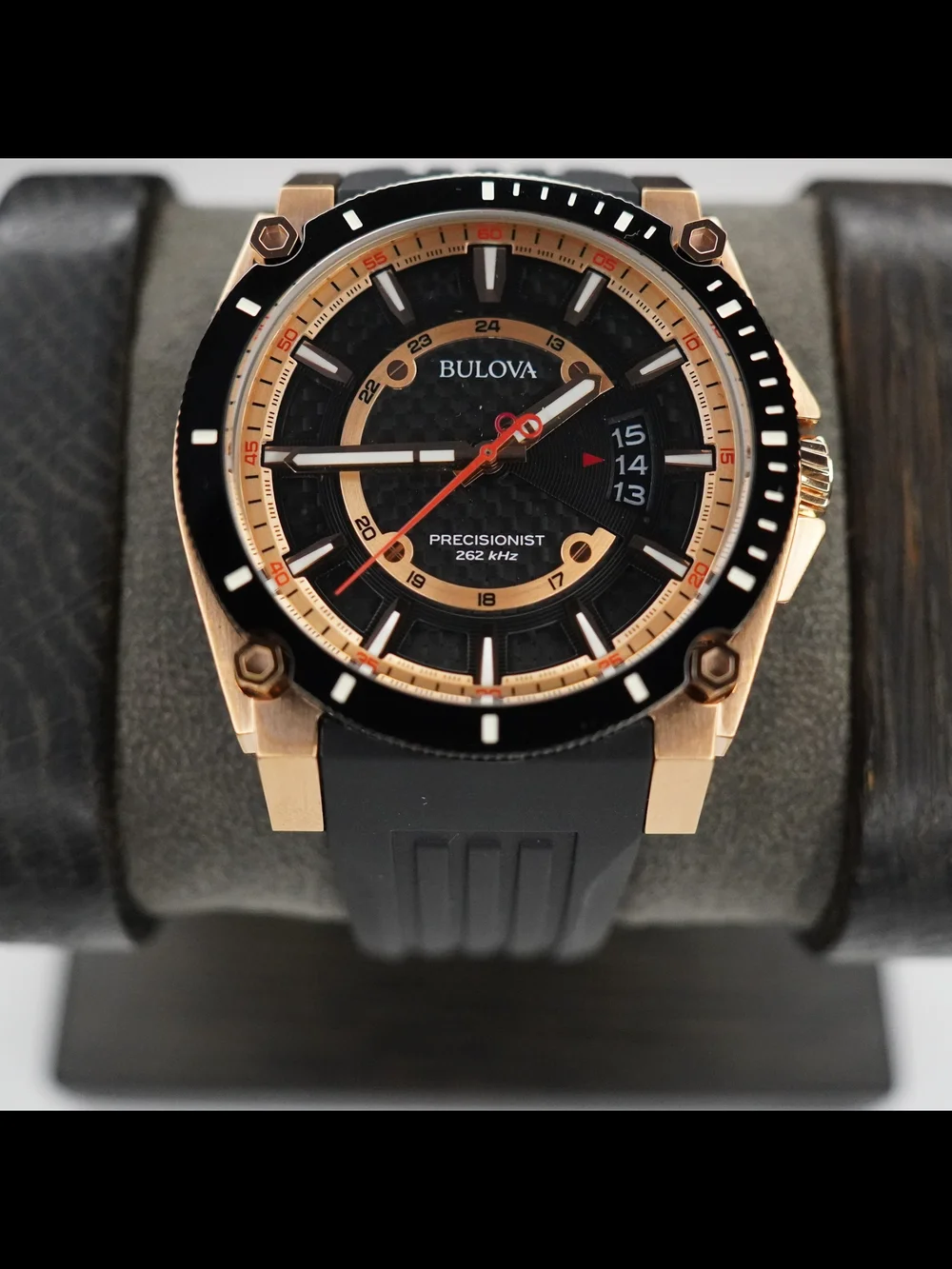 Bulova Precisionist 262kHz 300M Diver Rose Gold Black Rubber Men's Watch 98B152